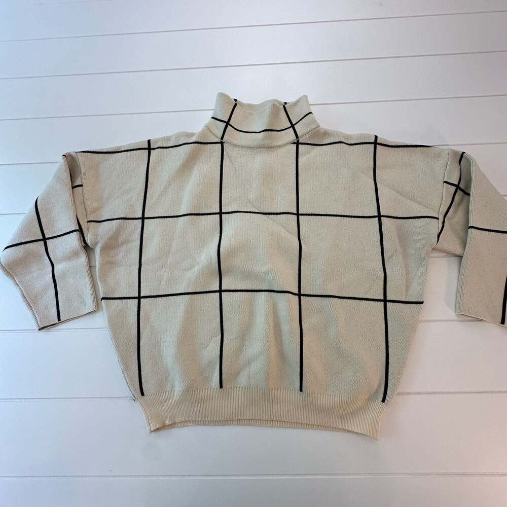 Chicwish Grid Mock Neck Sweater Ivory Black Plaid Oversized Wool Blend Knit, sma